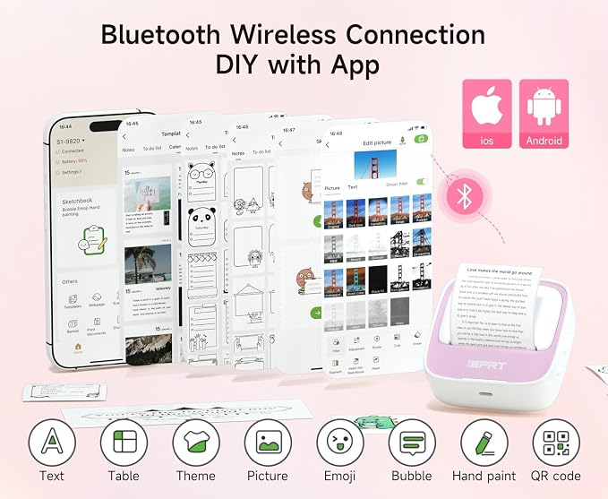 iDPRT Sticker Printer, Portable Sticker Maker Machine, Mini Inkless Bluetooth Thermal Printer for iPhone & Android, Pocket Printer for Labels, Barcodes, DIY Journaling, Kids Gift, Pink