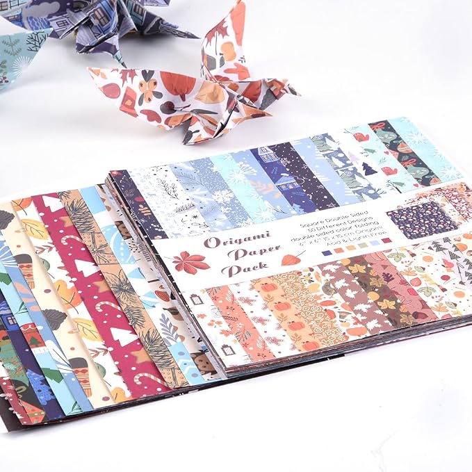 Origami Paper 50 Sheets, 6-Inch Square Double Sided Colored Craft Paper | 70GSM colorful paper,50 Vivid Pattern Origami Kit,DIY Hand Crafts,Arts Creativity,Easy to Fold,No-Fading.Winter