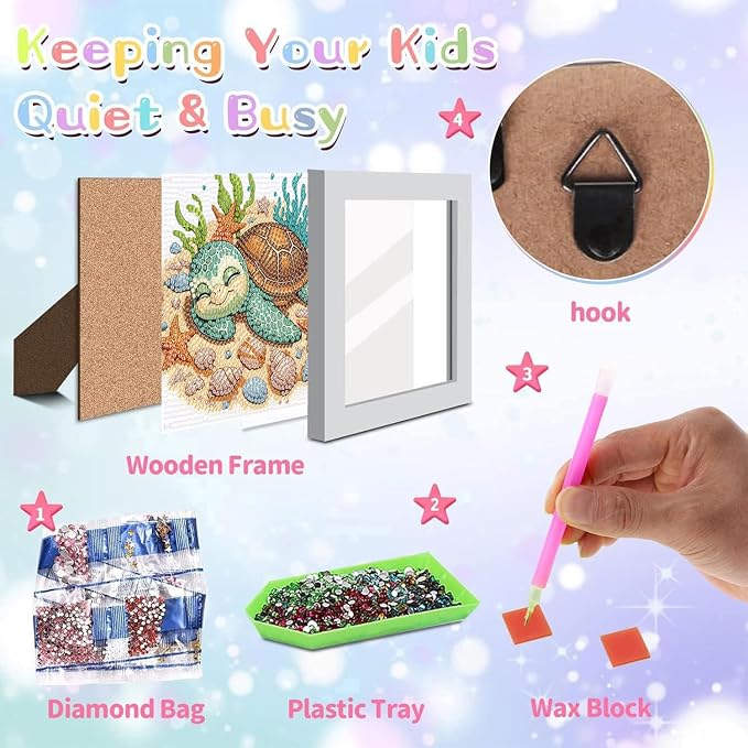 ajepon Turtles Diamond Art Kits for Kids with Frame, Animal Diamond Art for Kids Ages 8-12, Turtle Diamond Painting Kits for Kid with Beautiful Package for Gift Home Wall Decor (7x7inch)