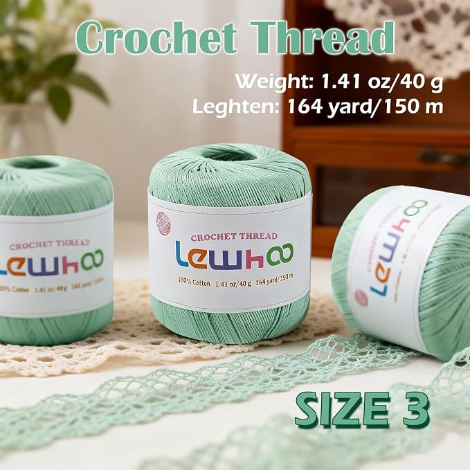 Crochet Thread Size 3, 3 Pearl Yarn Balls for Crocheting Sage Green