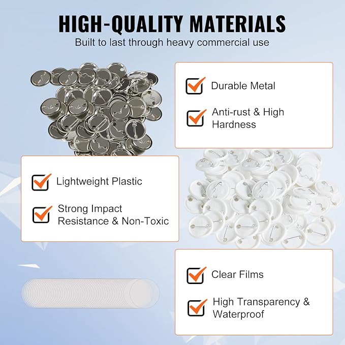 VEVOR 500 Sets 1.25 inch 32mm Pin Back Button Parts for Button Maker Machine, DIY Round Button Badge Parts, Set Includes Metal Top, Plastic/Metal Button, Clear Film, and Blank Paper For Gifts Presents