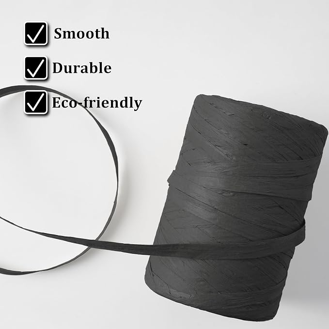 Raffia Ribbon Yarn for Crafts - Raffia Grass Twine for Gift Wrapping, DIY Decoration, Blinds & More | Matte String Paper Rope - 1/4'' Wide, 109 Yards, Black