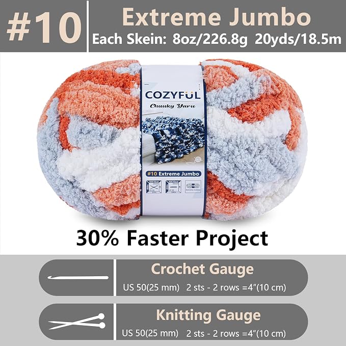 Cozyful Chunky Yarn for Hand Knitting - #10 Chunky Chenille Blanket Yarn, Jumbo Big Thick Chunky Yarns for Crocheting, Tie Dye Bulky Knit Yarns, 8 Skein (20 yds 8 oz Each Skein), Multi Orange&Grey