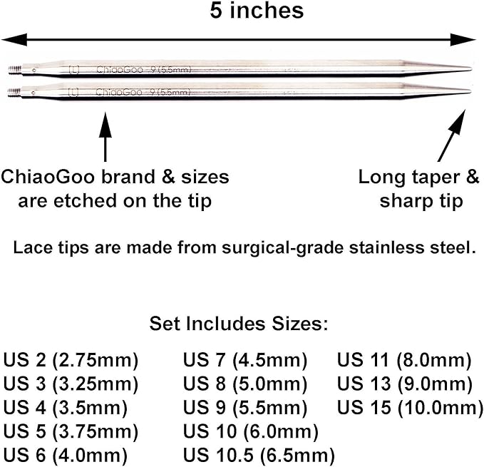 ChiaoGoo Twist Red Lace 5-inch Complete 7500-C Interchangeable Set | US 2, 3, 4, 5, 6, 7, 8, 9, 10, 10.5, 11, 13, 15, Circular Knitting Needles, Stainless Steel, 6 Cables, Project Bag