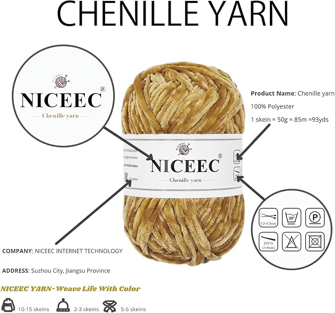 NICEEC 3 Skeins Soft Chenille Yarn 3 x85m (3X 93yds, 3X 50g)_Light Brown