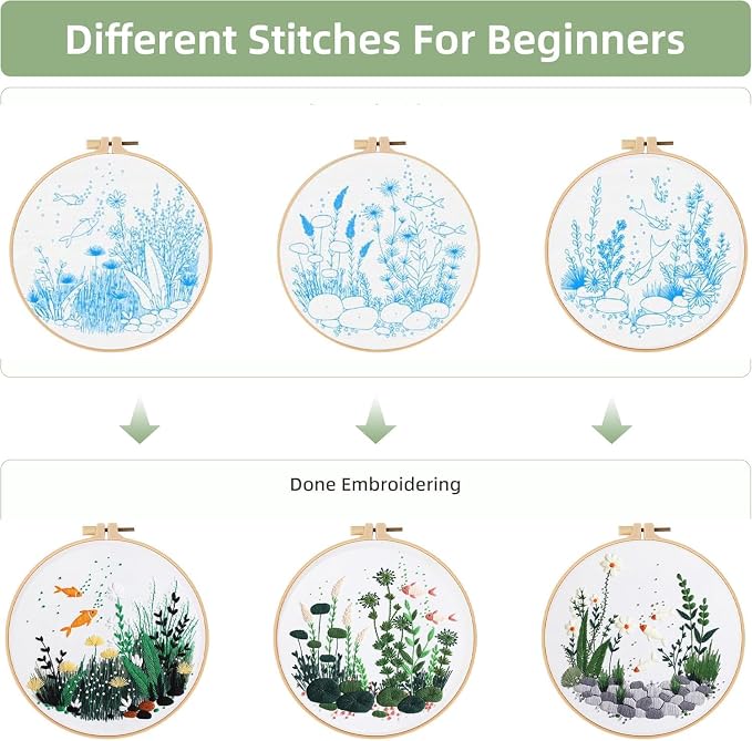 GLTAYLMY Fish Embroidery Kit for Beginners Adults,3 Set Cross Stitch Kits with 1 Plastic Embroidery Hoops,Needles and Color Threads,Needlepoint Kit for Hand Embroidery Starter