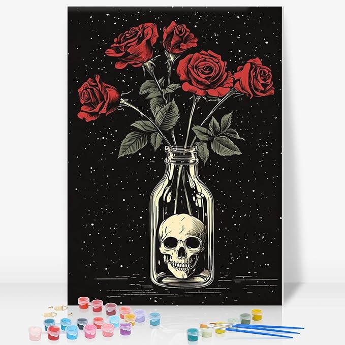 Framed Paint by Numbers Kit for Adults, Skull & Red Roses, 8 x 12 Inch | DIY Adult Paint by Number Kit for Beginners, Gothic Wall Decor, Stress Relief Craft Gift, Creative Hobby