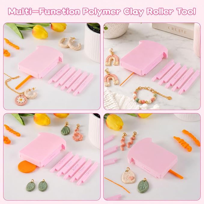 Polymer Clay Roller Guide Set with 12 Sliders, 6 Thickness Sizes, Tube Hoop Guide & Bead Roller Tool for Uniform Strips, Clay Snakes, Twisted Hoop Earrings and Jewelry Making