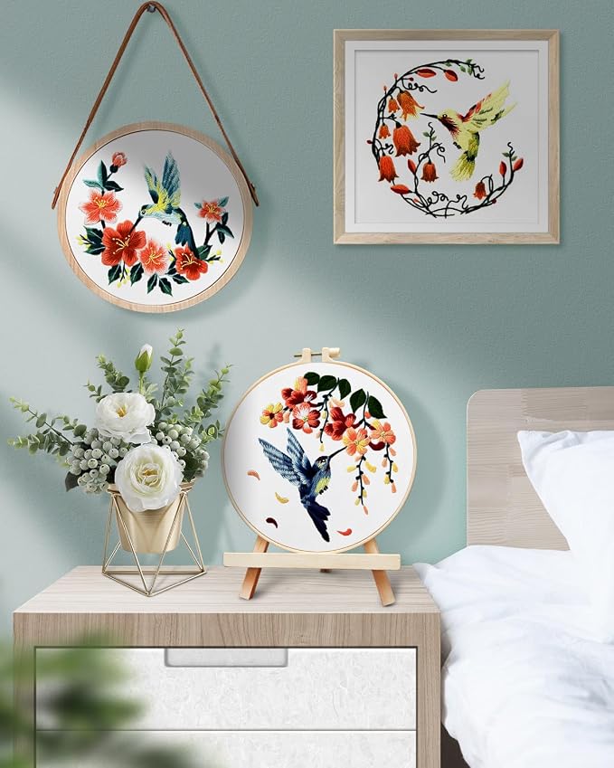 TINDTOP Hummingbird and Flower Embroidery Kit for Adults | Embroidery DIY Starter Kit, with Stamped Patterns, Hoop, Tools, Colorful Threads with Needles, Instructions