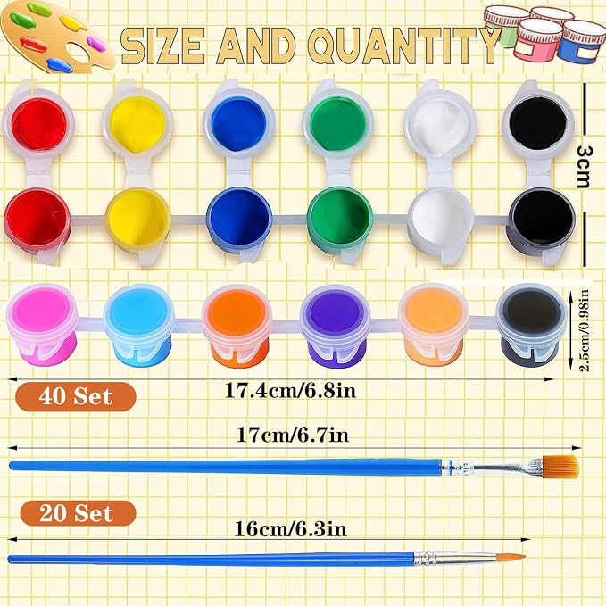 DUA MAIGA 280 Pcs Washable Acrylic Paint for Kids Arts and Crafts, 20 Gouache Watercolor Paint Sets of 12 Colors for Party Classroom Painting Supplies, 20 Flat and 20 Pointed Brushes