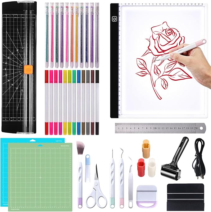 Cutting Machine Starter Kit - 40pcs Crafting Tool Set with A4 LED Light Pad, Precision Paper Cutter, Dual-Grip Mats, Weeding Tools & Brayer Roller - Compatible with Most Standard Cutting Machines