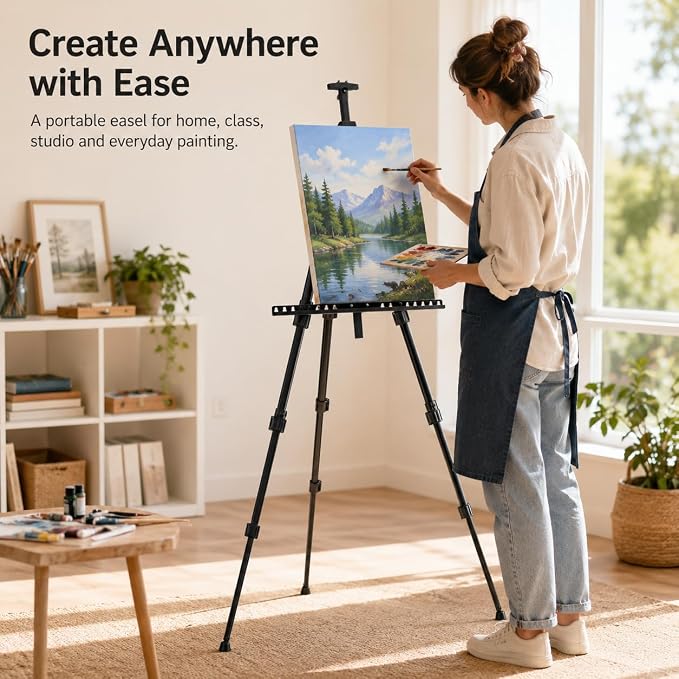RRFTOK Art Easel Stand, 17-66 in Adjustable Metal Tripod with Bag | Dual-layer supports canvas or signs at two heights; adjusts up to 72 in with spring clip and reinforced chain for stability.