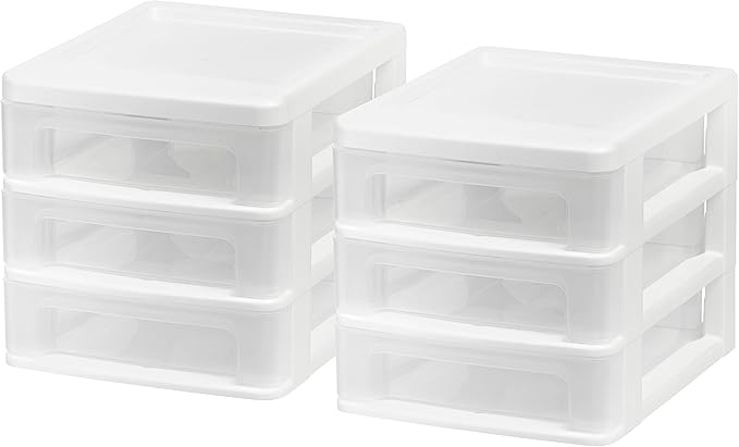IRIS USA 2-Pack, 3-Drawer Small Plastic Stacking Desktop Organizer, White