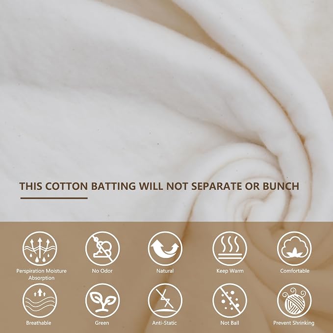 RRKTP Natural Cotton Batting for Quilting,48" x 5Yards Batting for Quilts, Microwave Safe for Bowl Cozies,Cotton Lightweight Lining for Potholders Quilting, Batting for Sewing Handmade Quilts&DIY