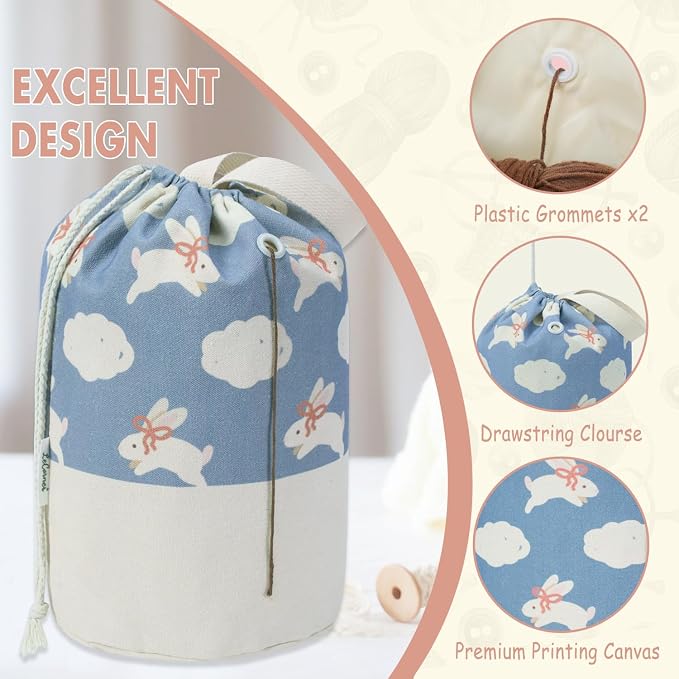Yarn Bag, Small Crochet Bag Organizer, Drawstring Yarn Storage Knitting Bags, Portable Mini Yarn Holder for Crocheting Project, Store Skein Ball, Needles Accessories (Blue Rabbits, Large)