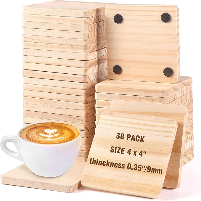 38 Pack Unfinished Wood Coasters - 4 Inch Square Blank Wooden Coasters with Non-Slip Silicon Dots for DIY Crafts, Architectural Models, Drawing, Painting, Wood Engraving