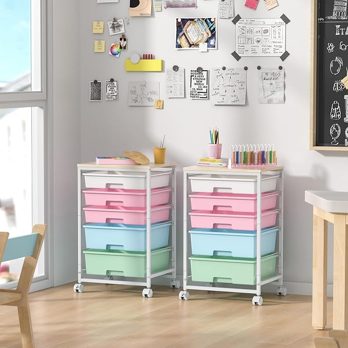SYKIARIOL Utility Cart with 5 Drawers with Wooden Top, Rainbow | 5-Tiers Storage Cart with Drawers with Lockable Wheels for Craft Organizers and Storage,Home Office,Classroom,Dorm ,Playroom