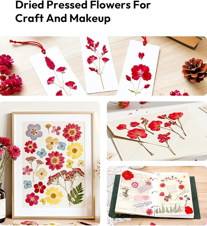 Dried Flowers, Resiners 174Pcs Pressed Flowers for Craft Red Real Natural Dried Flowers Dry Leaves Kit for DIY Making Crafts Resin Soap Candle Scrapbook Supplies Card Making Jewelry