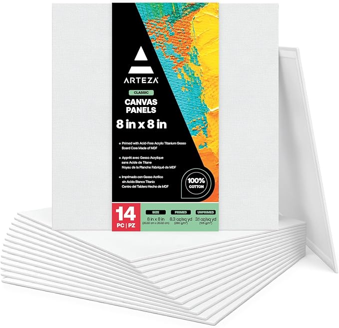 Arteza Paint Canvases for Painting, Pack of 14, 8 x 8 Inches, Square Blank Art Canvas Boards, 100% Cotton, 8 oz Gesso-Primed, Art Supplies for Adults and Teens, for Acrylic Pouring and Oil Painting