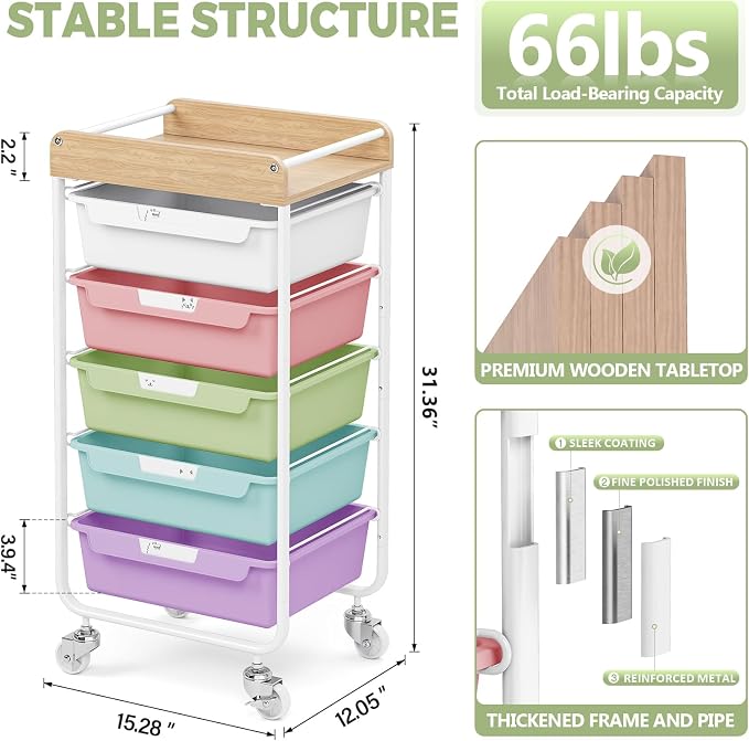 SYKIARIOL Utility Cart with 5 Labeling Drawers and Wooden Tabletop | Rolling Storage Cart for Crafters, Artists, Kids, Teachers, and Students – Organize Arts, Crafts, Sewing & Study Supplies