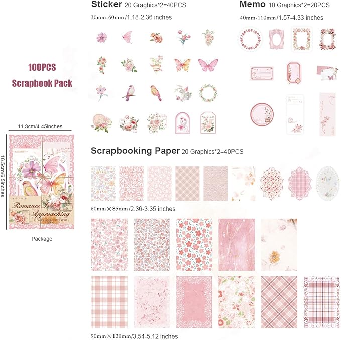Doraking 100pcs Vintage Floral Scrapbook Paper Journaling Stickers