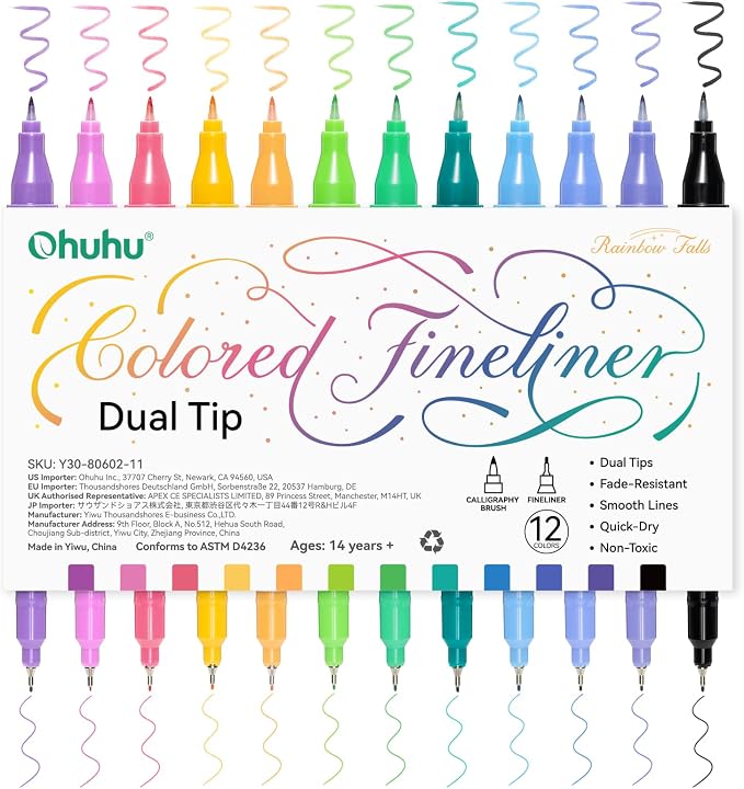 Ohuhu 12 Colors Brush & Fineliner Dual Tips Colored Drawing Pens for Adults