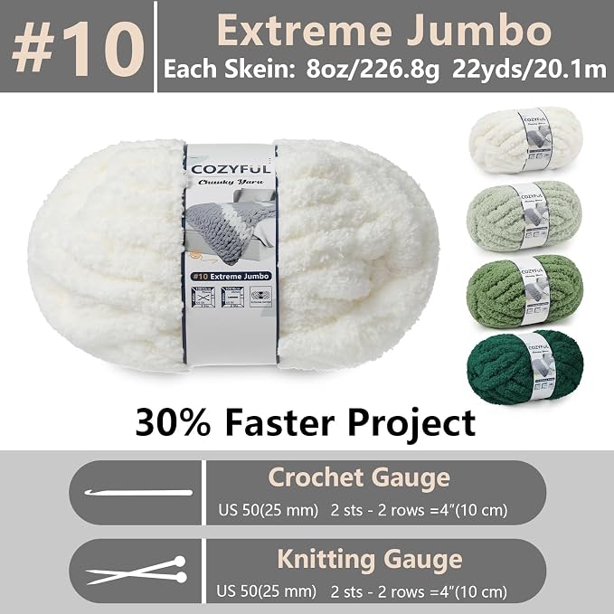 Cozyful Chunky Yarn for Hand Knitting - #10 Chunky Chenille Yarn, Jumbo Big Thick Chunky Yarns for Crocheting, Super Bulky Chunky Knit Blanket Yarns, 8 Skein (22yd, 8oz/Skein), Cream & Multi Green