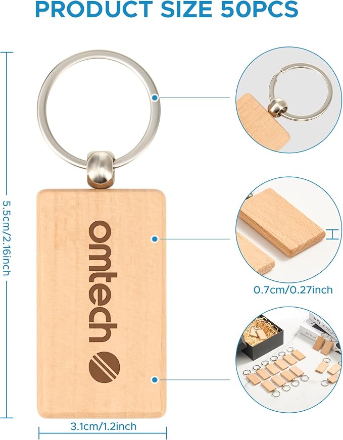 OMTech Wooden Keychain Blanks, Wood Key Chain Bulk, Unfinished Wooden Key Rings Key Tags for Laser Engraving DIY Craft Gift