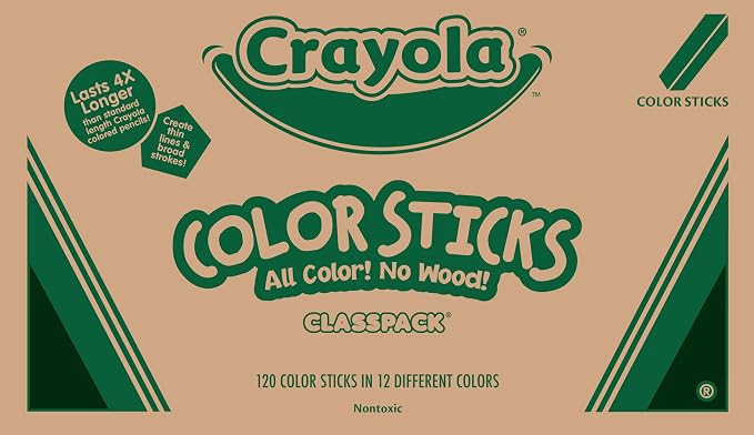Crayola Color Sticks (120ct), 12 Colors, Teacher Supplies for Classrooms, Woodless Colored Pencils Bulk Classpack, Coloring Pencils for Kids