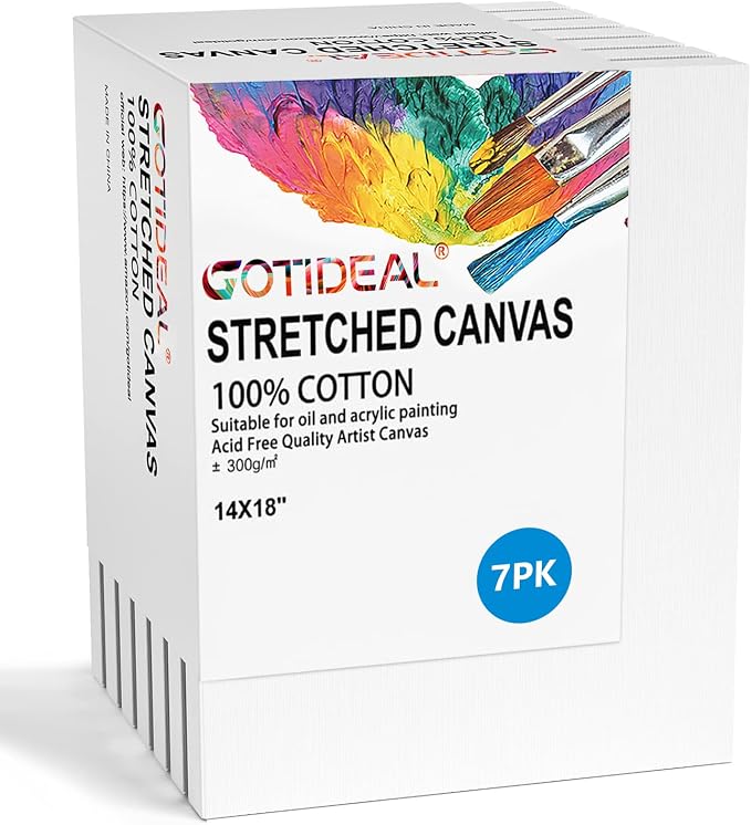 GOTIDEAL Stretched Canvases for Painting, 14x18 Inch Set of 7, Primed White | 100% Cotton Blank Art Canvas Boards for Painting for Acrylic Pouring, Oil Paint Dry & Wet Art Media