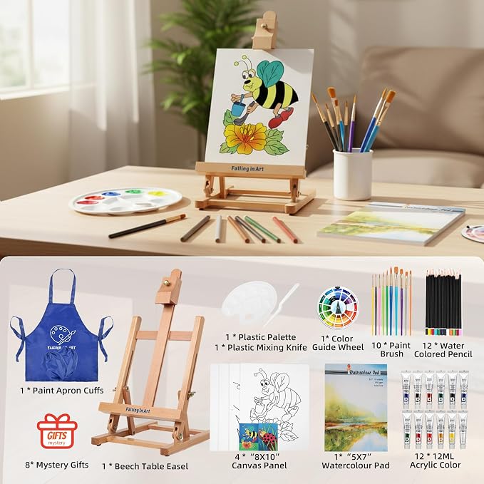 Falling in Art Painting Set for Kids with Table Easel | Acrylic Painting Starter Kit with Paints, Colored Pencils, Brushes, Canvas &Watercolor Pad for Christmas Gift, Blue