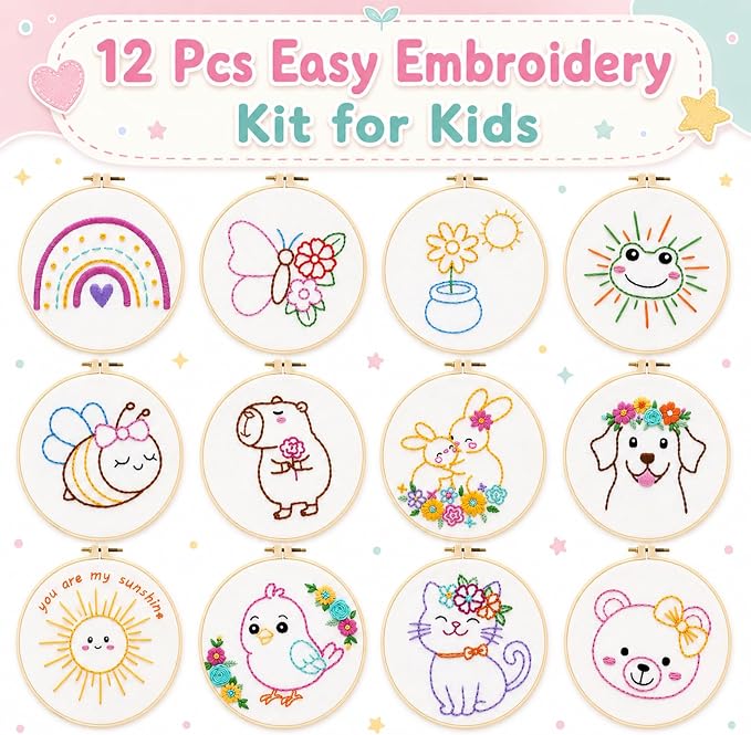 Nuberlic Embroidery Kit for Kids Ages 8+, 12 Pre-Stamped Crafts