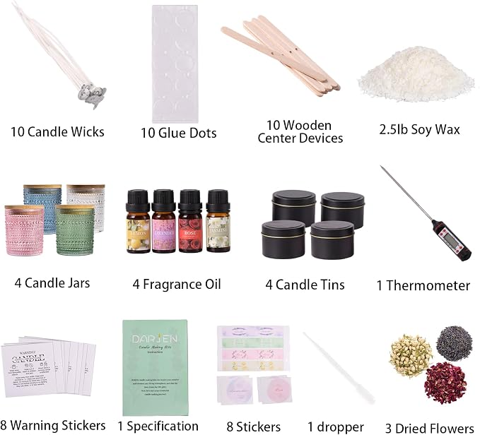 DARJEN Candle Making Kit for Adults, 8 Jars & Tins Soy Wax Scented DIY Set | 100% Soy Wax, 10oz Glass Jars, 4oz Tins, Cotton Wicks, Pleasant Scents, Instruction& More- Perfect as Home Decorations