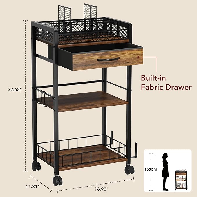 Homsorout 3 Tier Rolling Cart - Metal Utility Cart with Storage Drawer and Wheels, Versatile Art & Craft Organizer for Home, Office, or Studio Ideal for Storing Brushes, Paints, and Supplies Brown