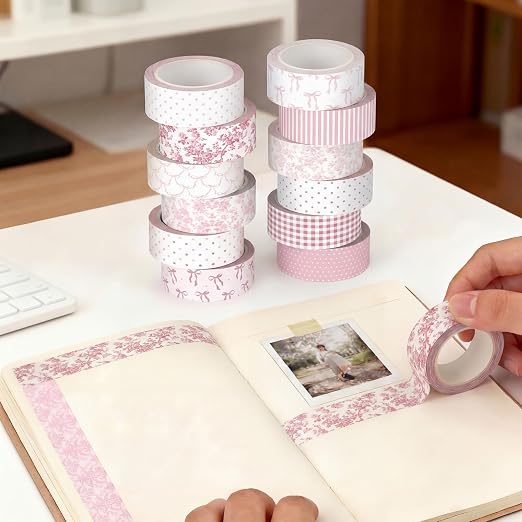 12 Rolls Floral Washi Tape Set,Pink,Bows and Polka Dots | Watercolor Flowers Design for Scrapbook Journal DIY Craft School Supplies, 15 mm Vintage Decorative Masking Washi Tapes
