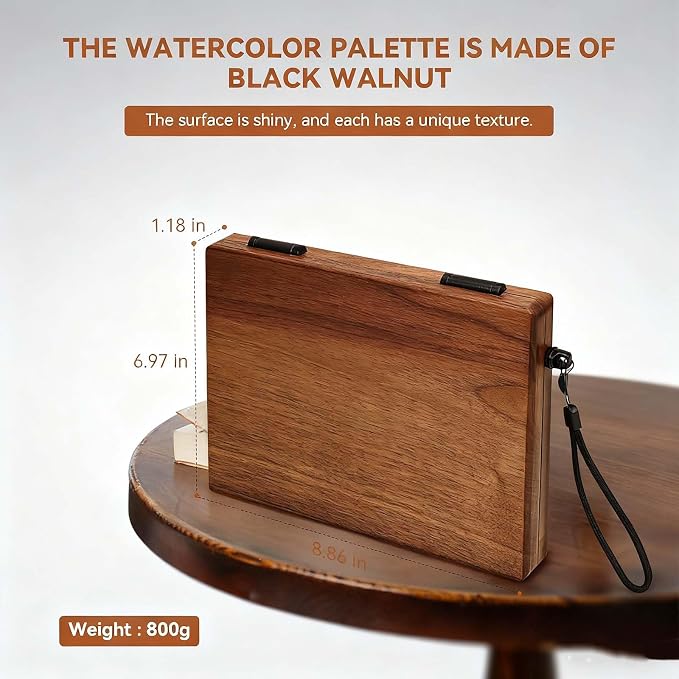 27 Wells Solid Wood Travel Watercolor Palette Box, Black Walnut | Empty Paint Box with Brush Cleaning Cup, Metal Clips and Hand Carry Strap for Outdoor Watercolor Easel