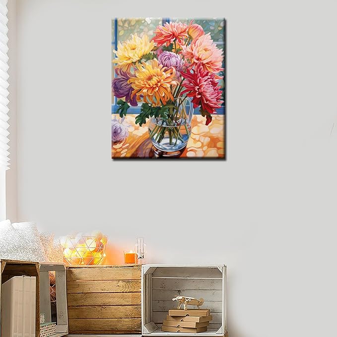 Tucocoo Persian Chrysanthemum in Vase DIY Paint by Numbers for Adults Flowers in Vase DIY Oil Painting Painting Kits Canvas with Acrylic Paints Flowers Floral Art 16x20 Inch （Without Frame ）