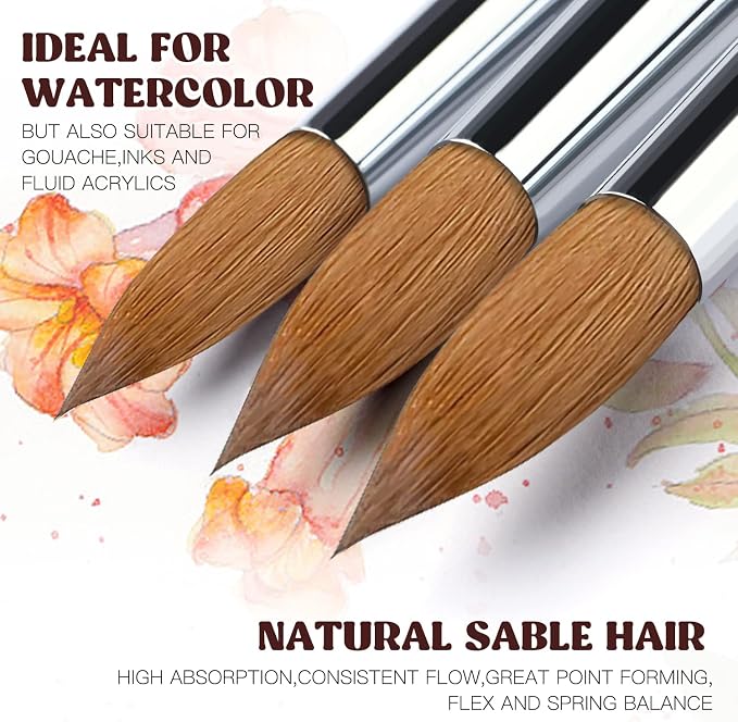 Sable Watercolor Brushes 9pcs Professional Superior Kolinsky Watercolor Paint Brushes for Artists Round Pointed Oval Wash for Watercolor Acrylics Gouache Inks Painting