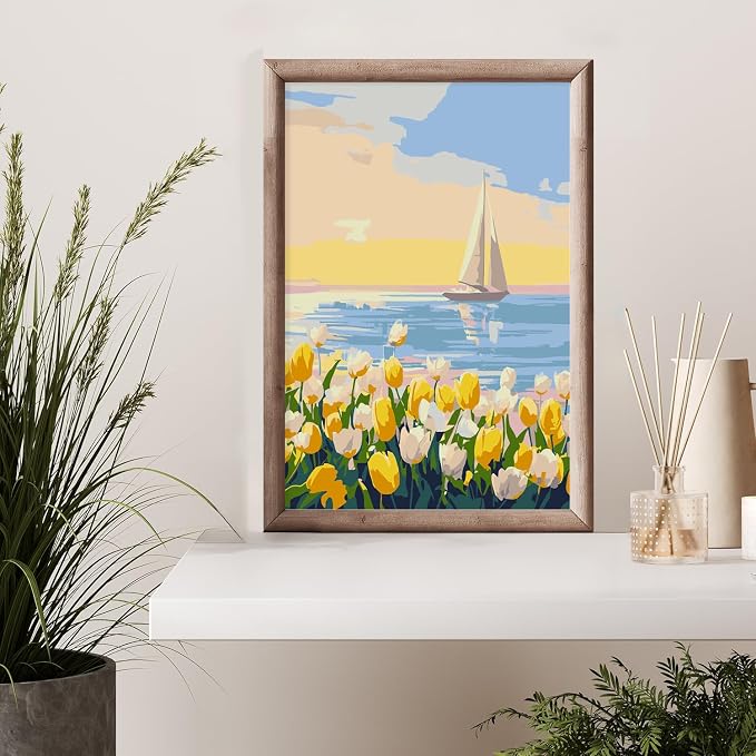 Framed Paint by Numbers Kit for Adults Beginner & Kids Age 8-12, Easy Flowers Adult Paint by Number Kits on Canvas, DIY Acrylic Watercolor Oil Paint by Number for Adults Landscape for Gift 8x12 Inch
