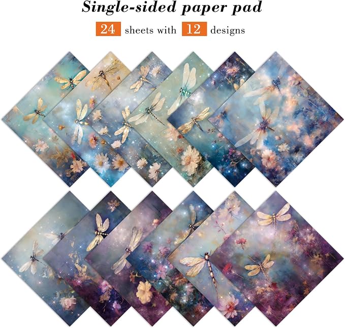 6 x 6 In Dragonfly Scrapbooking Paper Pad, 24 Sheets Floral Pattern Design Cardstock Decorative Decoupage for Photo Album Card Making Folded Supplies Gift Wrapping Junk Journals Crafts