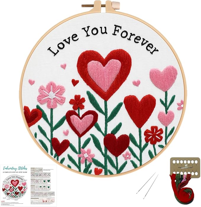 Nuberlic Valentine Embroidery Kit for Beginners Adults | Heart Floral Design Starter Cross Stitch Kit DIY Needlepoint with Hoop, Pre-Printed Fabric, Threads & Step-by-Step Guide