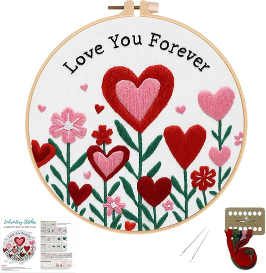 Nuberlic Valentine Embroidery Kit for Beginners Adults | Heart Floral Design Starter Cross Stitch Kit DIY Needlepoint with Hoop, Pre-Printed Fabric, Threads & Step-by-Step Guide