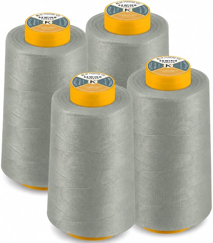 AK Trading 4-Pack Light Gray All Purpose Sewing Thread Cones (6000 Yards Each) of High Tensile Polyester Thread Spools for Sewing, Quilting, Serger Machines, Overlock, Merrow & Hand Embroidery