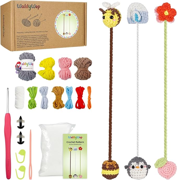 WaldyWop Crochet Kit for Beginners: 3 Animal Bookmarks Craft Kit,Women Gift