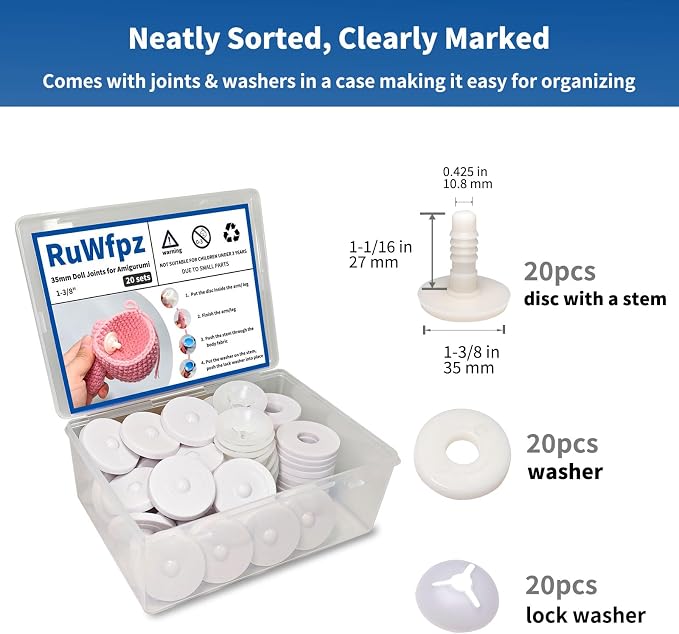 RuWfpz Doll Joints for Amigurumi Crochet 35mm 20 Sets Plastic White 1-3/8"