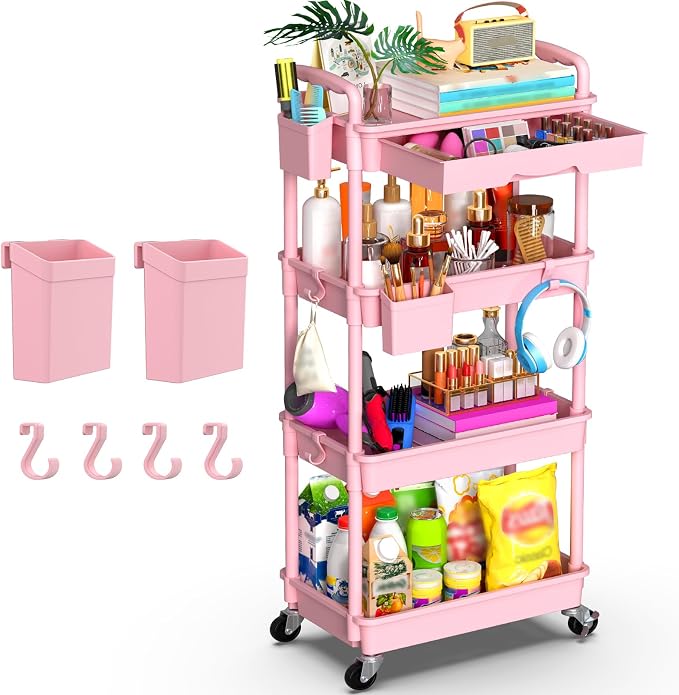 Goovilla 4 Tier Rolling Utility Cart Organizer with Removable Drawer, Pink | Stable and Sturdy Rolling Storage Carts with 2 Lockable Wheels for Bathroom, Kitchen, Snack, Craft, Makeup, Baby Essentials