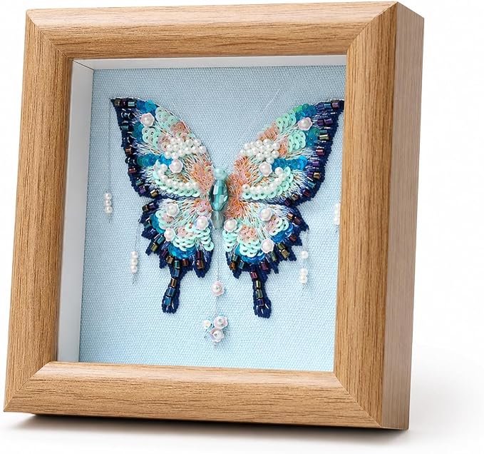 LKTEE Butterfly Bead Embroidery Kit, Hand Embroidery Starter Kit for Beginners Adults with Wooden Frame, Beaded Embroidery Kits DIY Craft Sewing Supplies for Gift Home Decoration (Blue)
