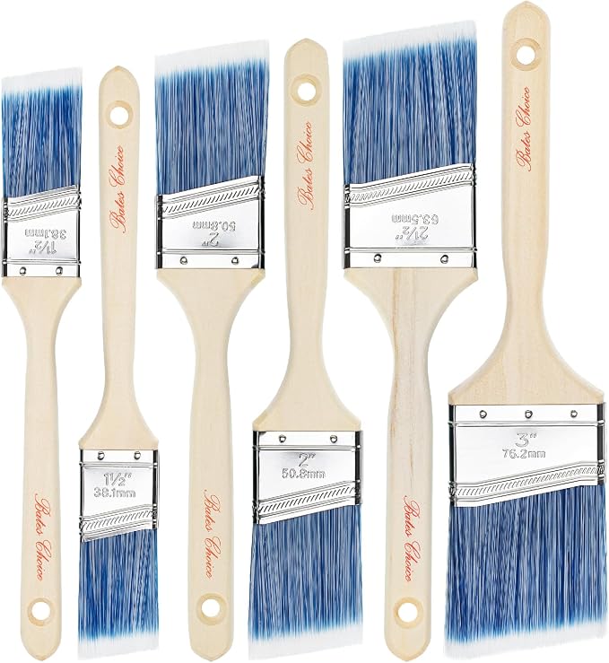 Bates Angle Paint Brushes, 6 Pack - 1.5", "2", "2.5", "3" Inch, Treated Wood Handle, Stain & Wall Paint Brushes for Walls & Furniture