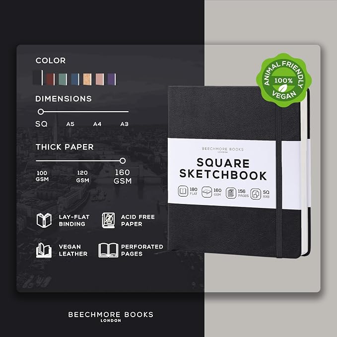 Beechmore Books 8x8 Square Mixed Media Sketchbook 160 GSM/98lb, Gift Box | Vegan Leather Hardcover Art Journal with Lay-Flat Binding, Perforated Ivory Pages for Drawing & Doodling