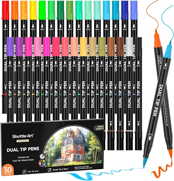 Shuttle Art Dual Tip Brush Marker Pens 30 Colors Water-based Ink | Double-ended with Fine Tip & Brush Tip, Great for Hand Lettering, Drawing, Bullet Journal and DIY Crafts for All Skill Levels
